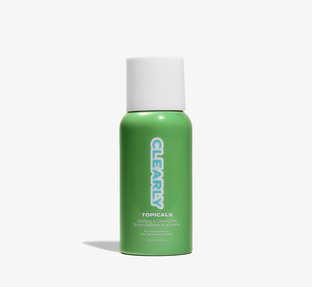 Acne mist from Topicals Clearly shown as a single green 100ml spray bottle with teal pixelated branding on a white background.