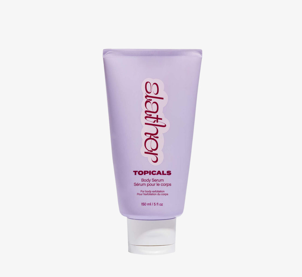 Exfoliating body serum from Topicals Slather shown as a single lavender 150ml tube standing upright on a white background.